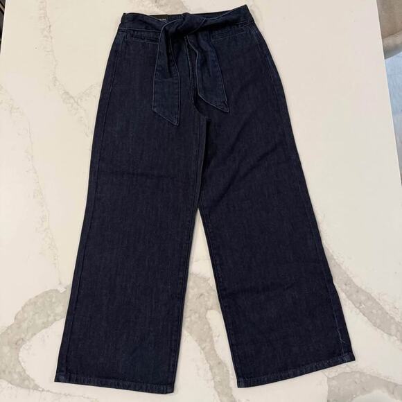 Oat New York NWT HighRise Wide Leg Crop TieFront Denim Jeans Womens 24 Dark Blue - Picture 1 of 9